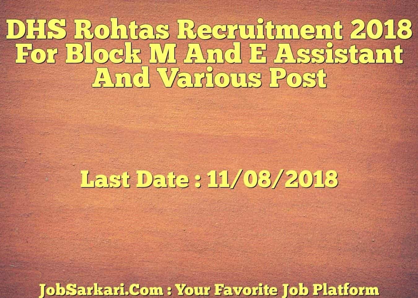DHS Rohtas Recruitment 2018 For Block M And E Assistant And Various Post