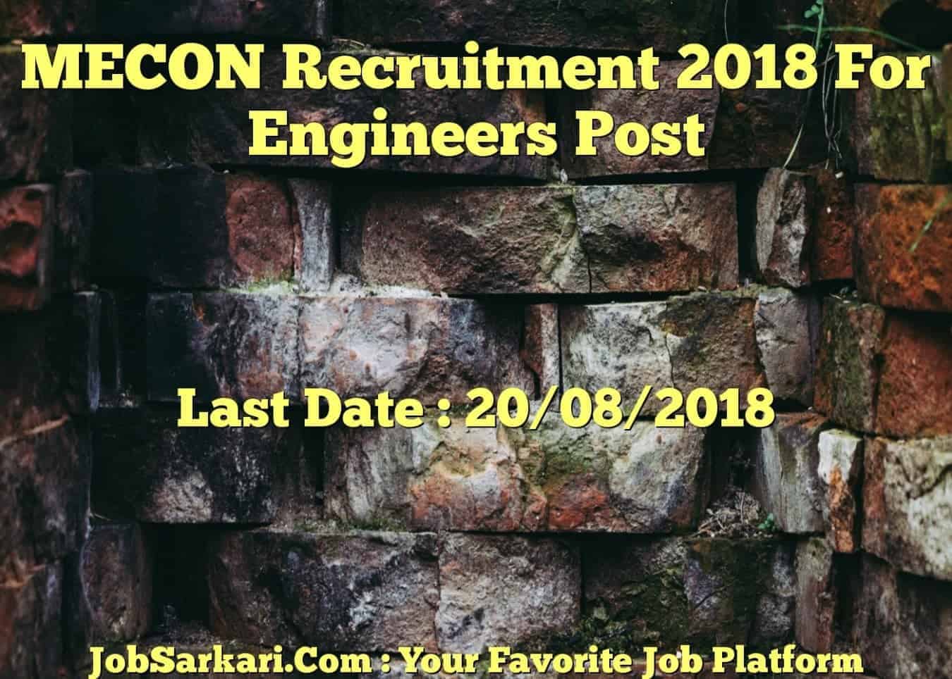 MECON Recruitment 2018 For Engineers Post