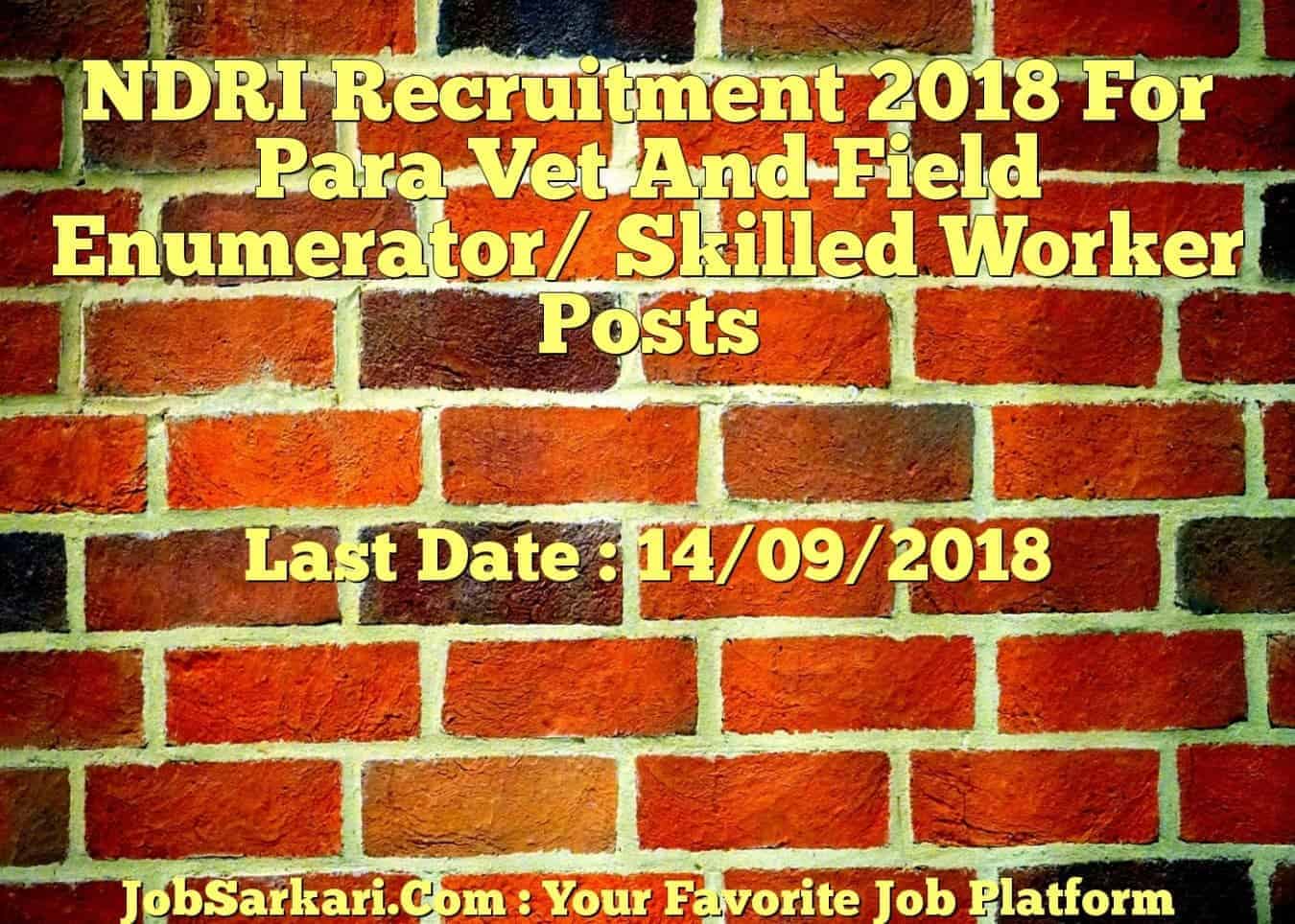 NDRI Recruitment 2018 For Para Vet And Field Enumerator/ Skilled Worker Posts