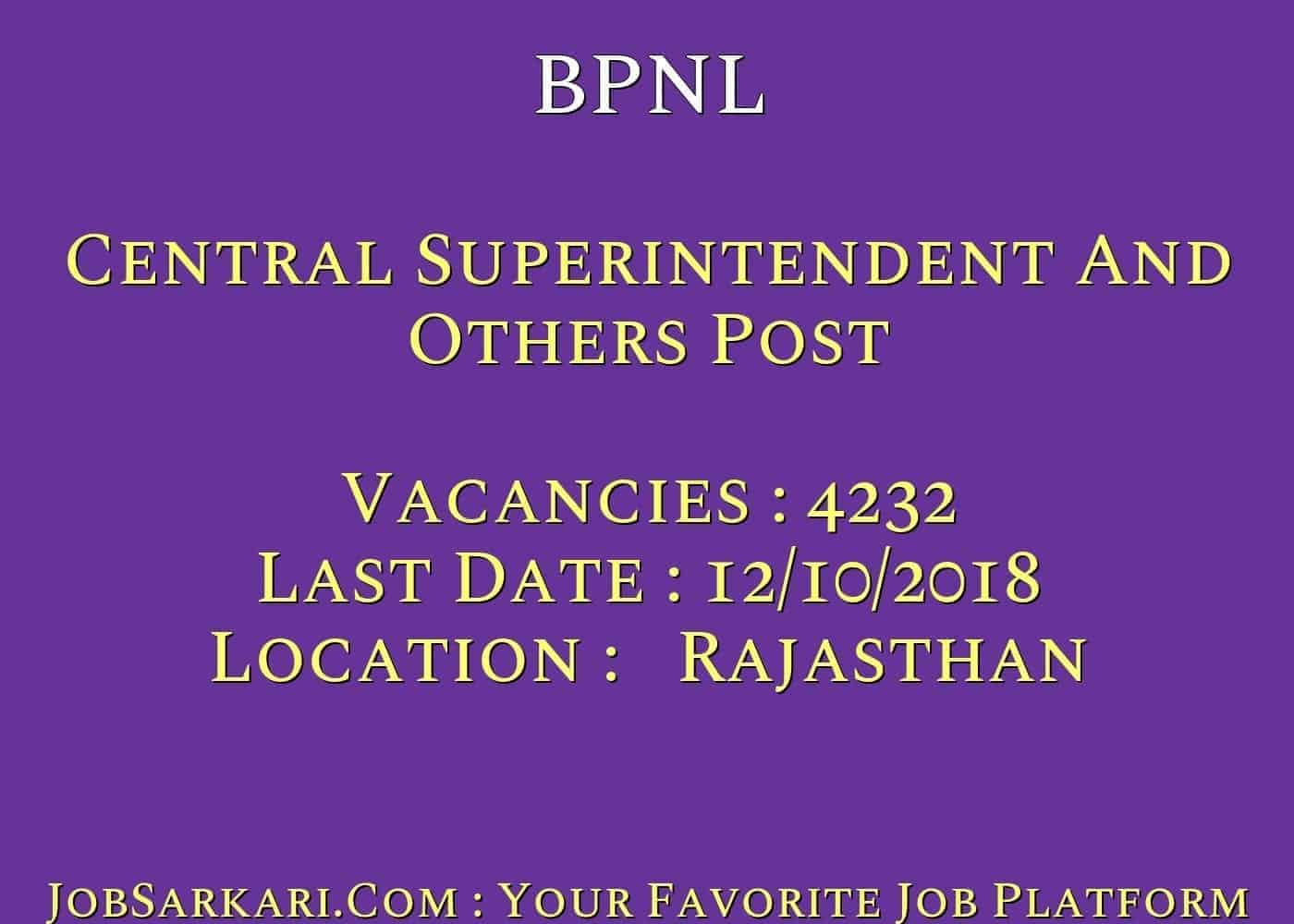 BPNL For Central Superintendent And Others Post