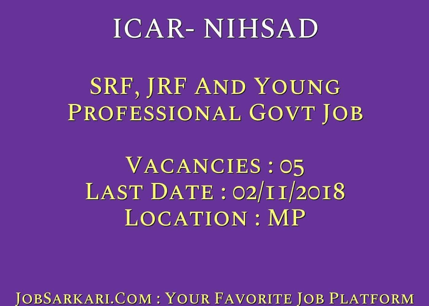 ICAR- NIHSAD Recruitment 2018 For SRF, JRF And Young Professional Govt Job