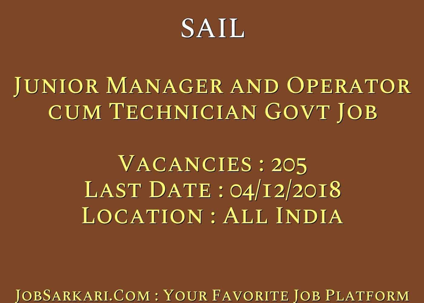 SAIL Recruitment 2018 for Junior Manager and Operator cum Technician Govt Job