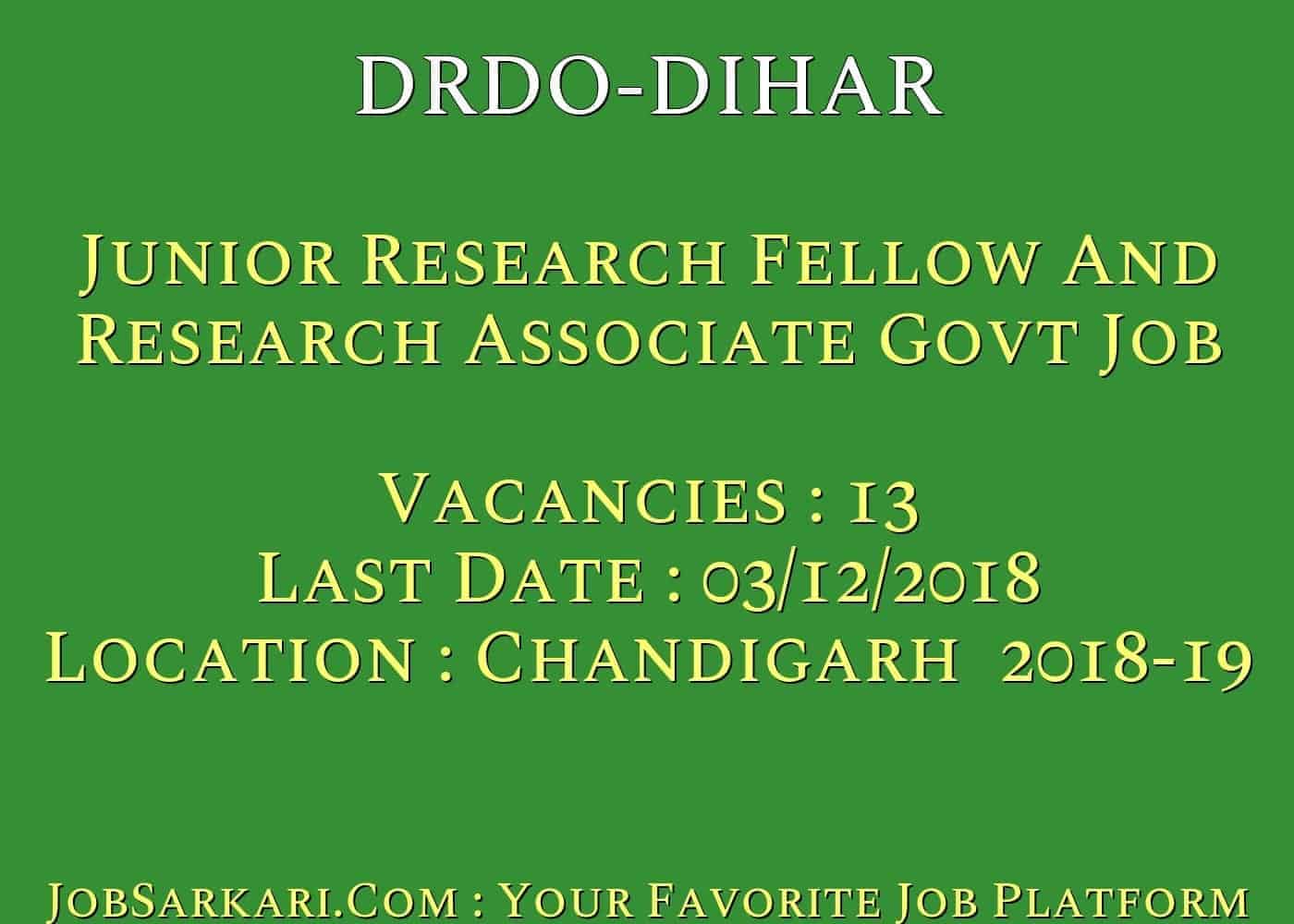 DIHAR Recruitment 2018 For Junior Research Fellow And Research Associate Govt Job