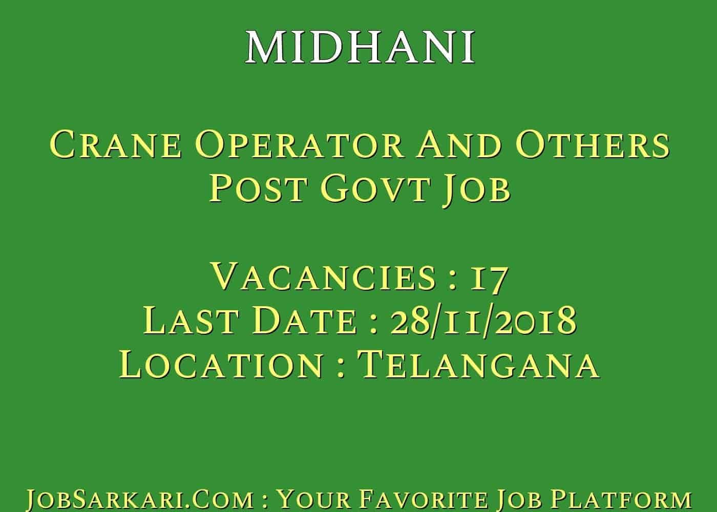 MIDHANI Recruitment 2018 For Crane Operator And Others Post Govt Job