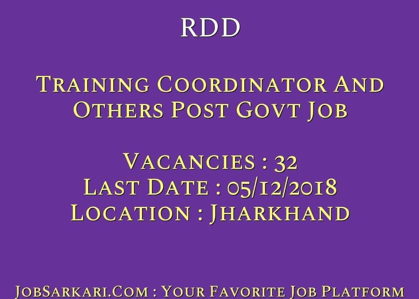 RDD Recruitment 2018 For Training Coordinator And Others Post Govt Job