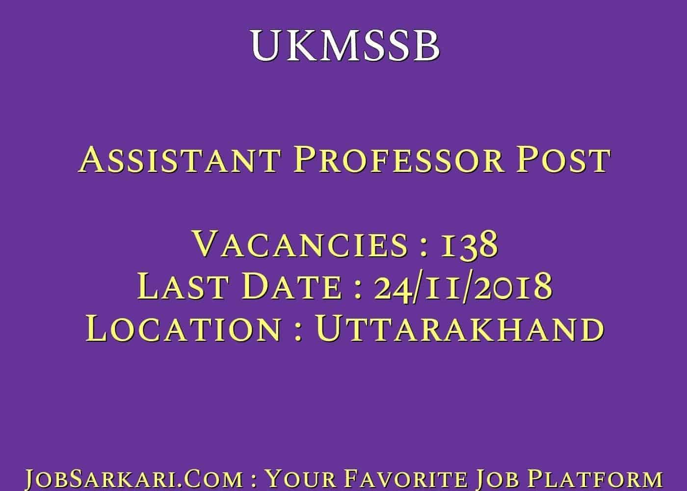 UKMSSB Recruitment 2018 for Assistant Professor Post