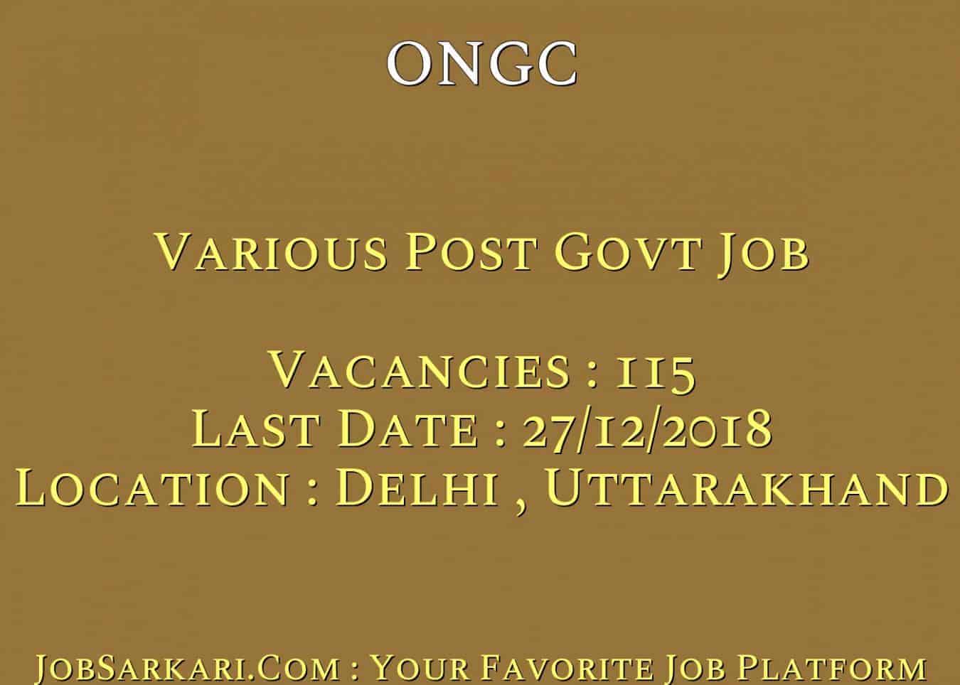 ONGC Recruitment 2018 For Various Post Govt Job