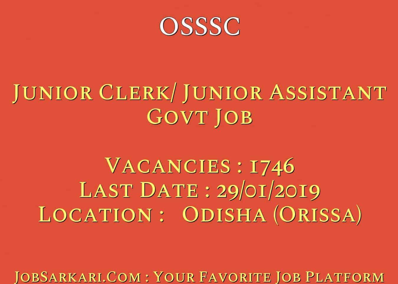 OSSSC Recruitment 2018 For Junior Clerk/ Junior Assistant Govt Job