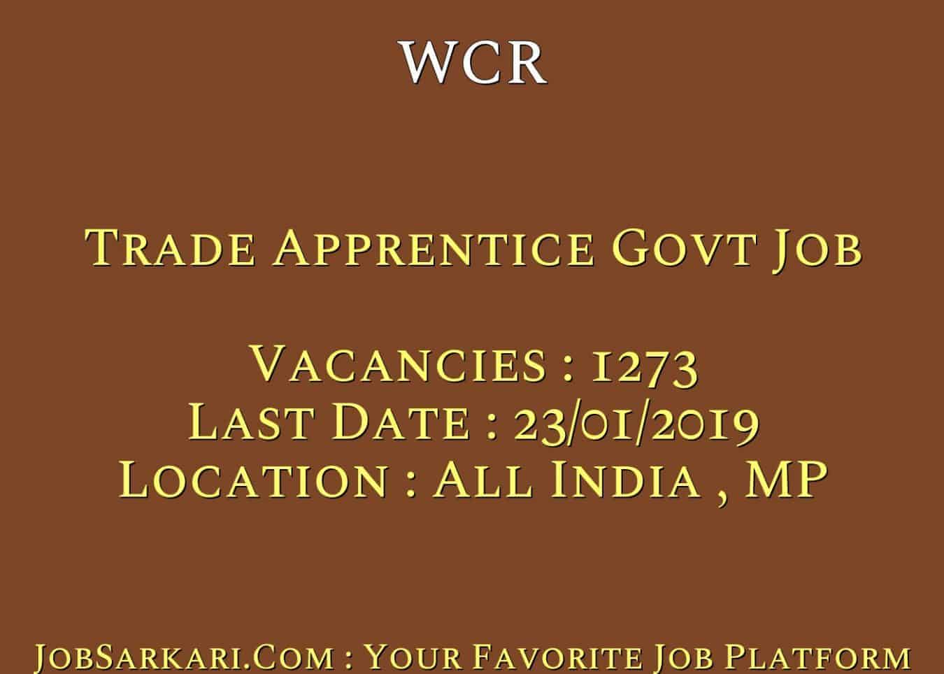 WCR Recruitment 2018 For Trade Apprentice Govt Job