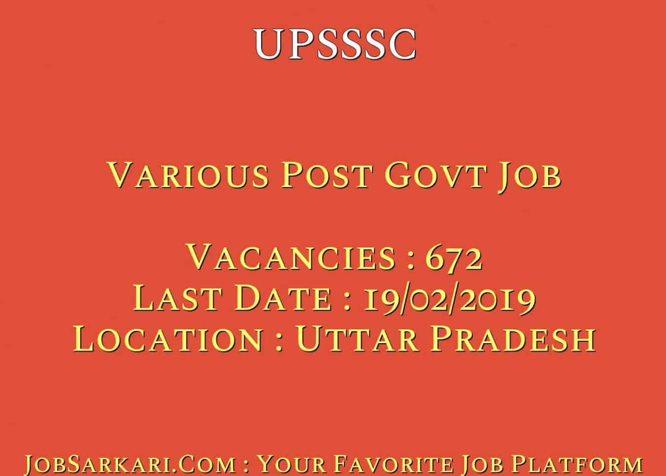 UPSSSC Recruitment 2019 For Various Post Govt Job