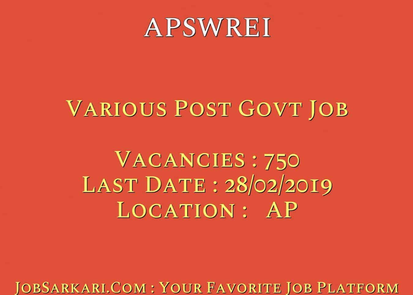 APSWREI Recruitment 2019 For Various Post Govt Job
