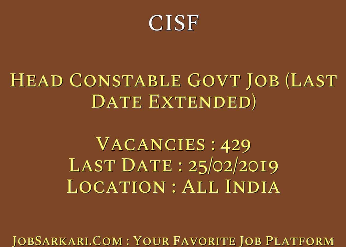 CISF Recruitment 2019 For Head Constable Govt Job