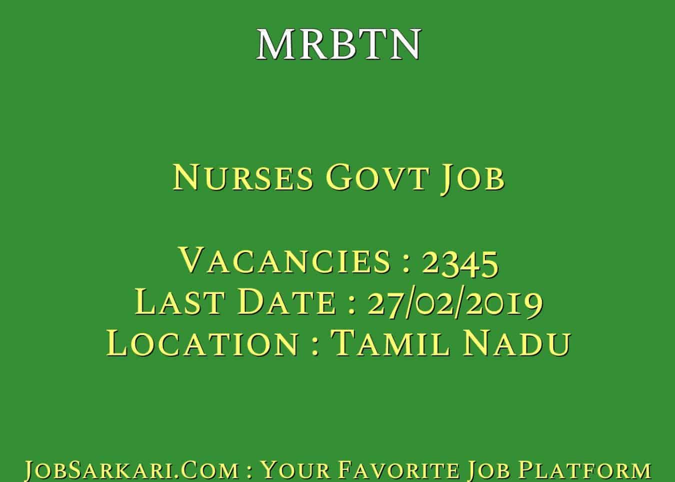 MRBTN Recruitment 2019 For Nurses Govt Job