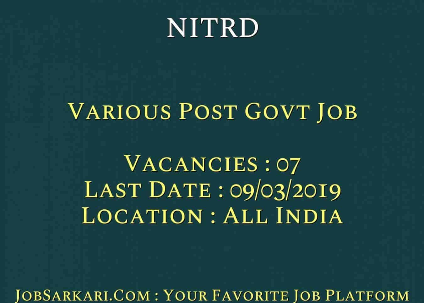 NITRD Recruitment 2019 For Various Post Govt Job