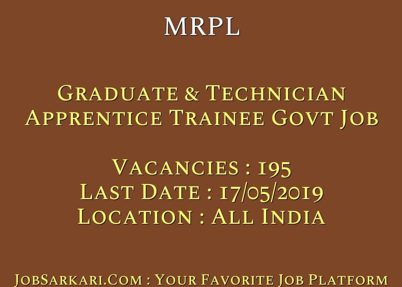 MRPL Recruitment 2019 For Graduate & Technician Apprentice Trainee Govt Job